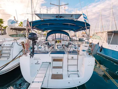 Cockpit of Belamour, a Beneteau Oceanis 43 sailboat at Kos, Greece