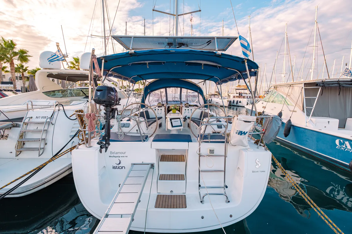 Cockpit of Belamour, a Beneteau Oceanis 43 sailboat at Kos, Greece