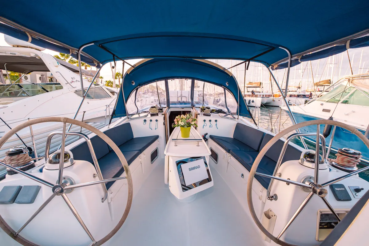 Cockpit of Belamour, a Beneteau Oceanis 43 sailboat at Kos, Greece