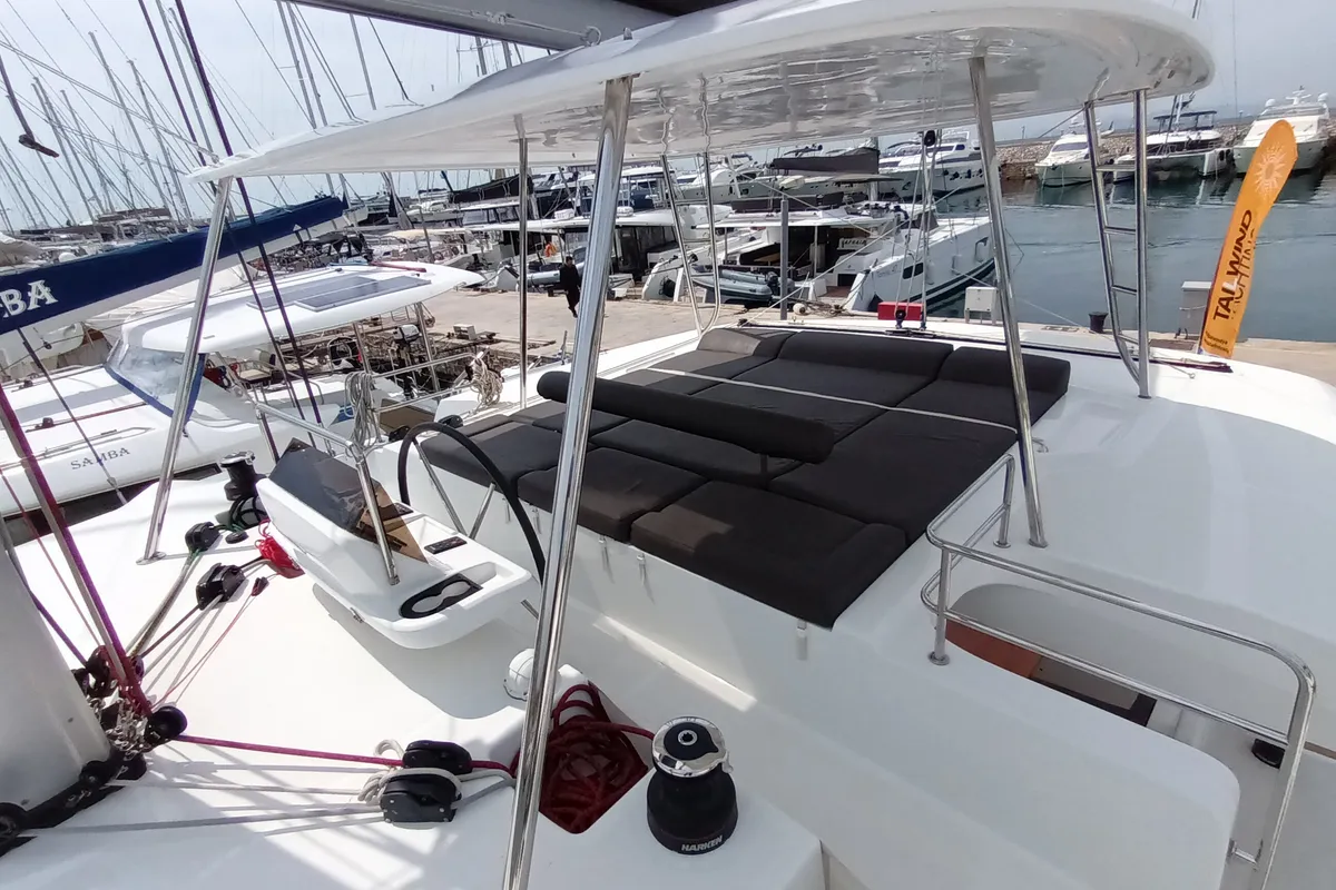 Deck of Icarus, a Lagoon 50 catamaran at Athens, Greece
