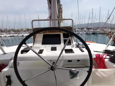 Cockpit of Icarus, a Lagoon 50 catamaran at Athens, Greece