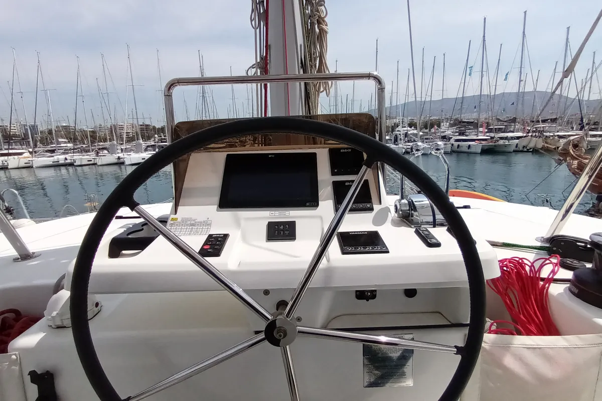 Cockpit of Icarus, a Lagoon 50 catamaran at Athens, Greece