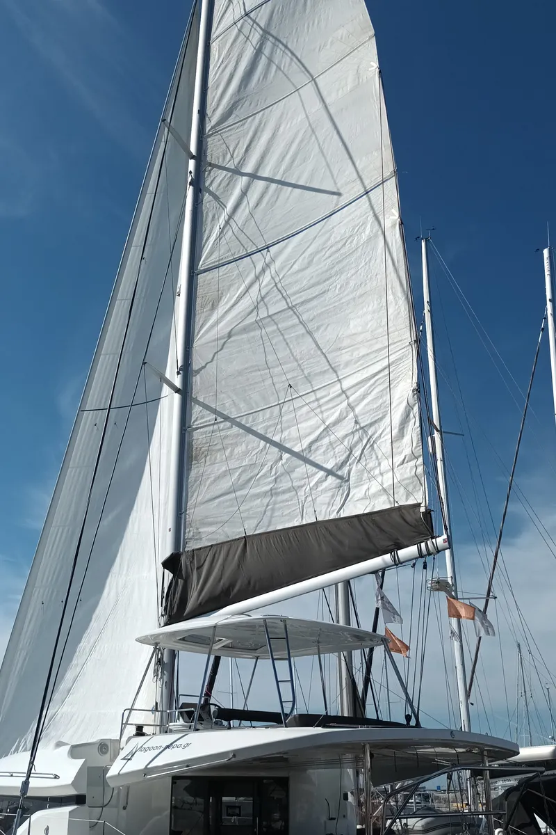 Exterior view of Icarus, a Lagoon 50 catamaran at Athens, Greece