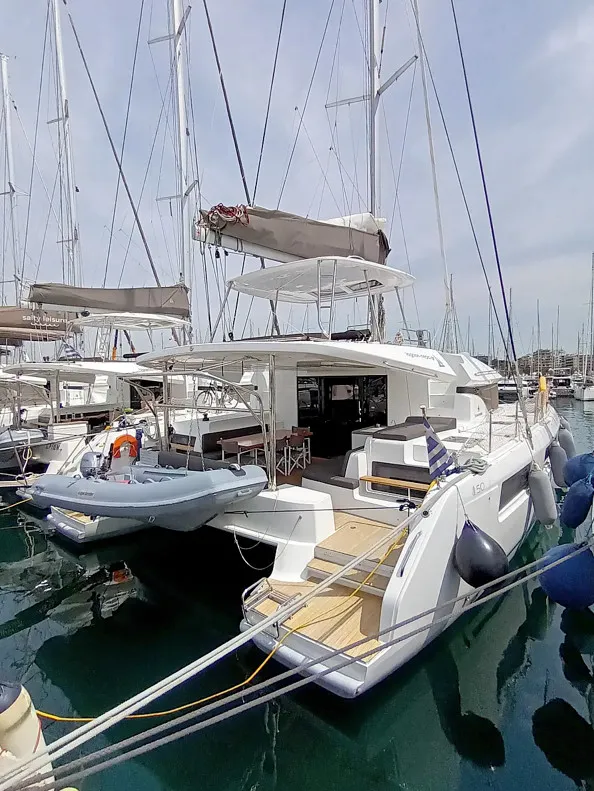 Exterior view of Icarus, a Lagoon 50 catamaran at Athens, Greece