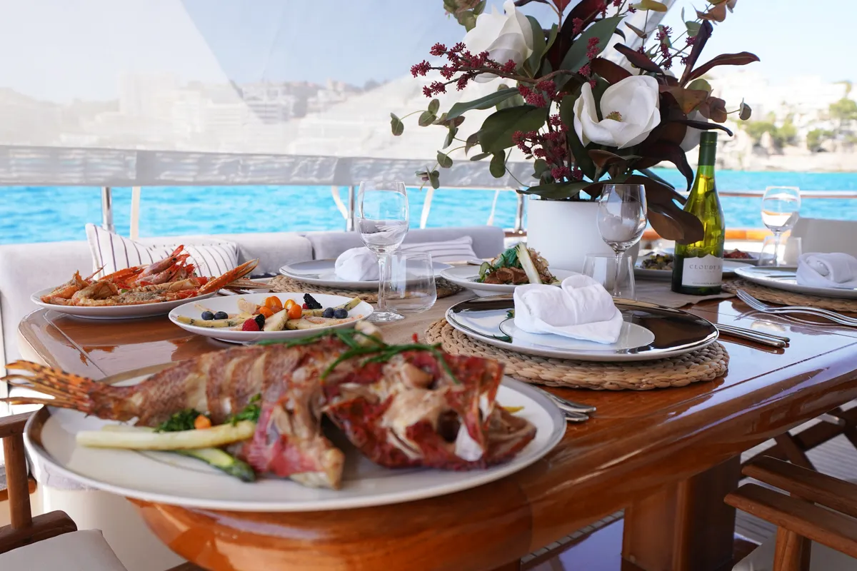 Deck of Georg I, a Falcon 86 motor yacht at Palma de Mallorca, Spain