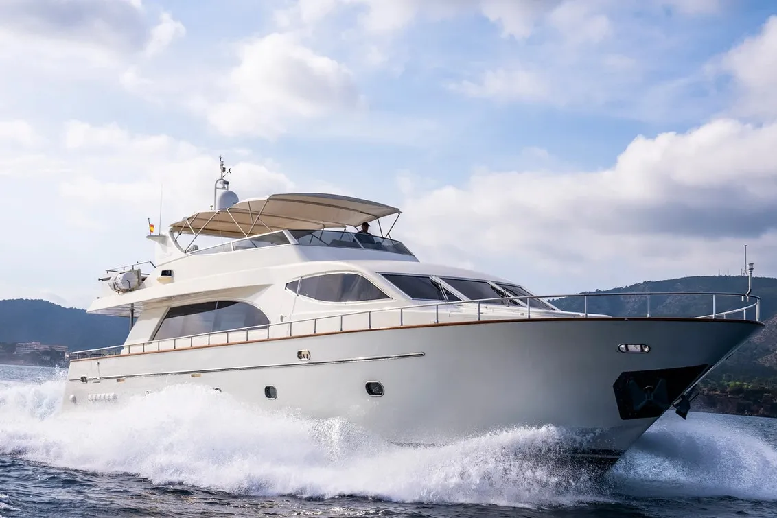 Exterior view of Georg I, a Falcon 86 motor yacht at Palma de Mallorca, Spain