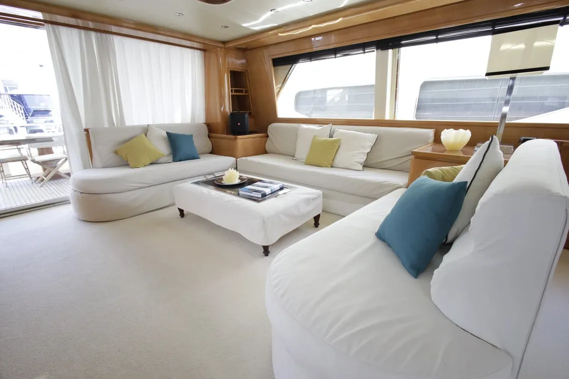 Salon of Georg I, a Falcon 86 motor yacht at Palma de Mallorca, Spain