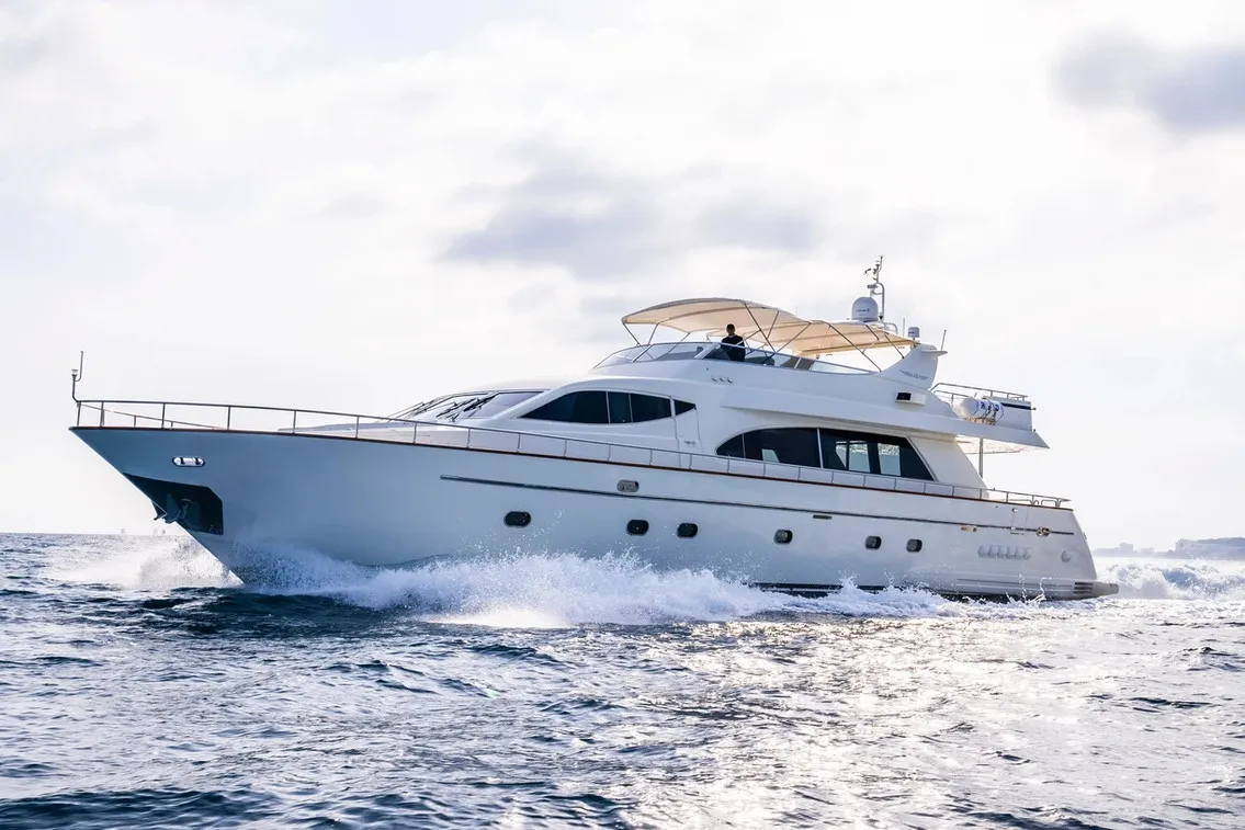 Exterior view of Georg I, a Falcon 86 motor yacht at Palma de Mallorca, Spain