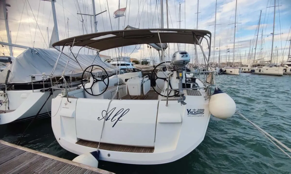 Exterior view of Alf, a Jeanneau Sun Odyssey 519 sailboat at Municipal Unit of Lefkada, Greece