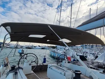 Cockpit of Alf, a Jeanneau Sun Odyssey 519 sailboat at Municipal Unit of Lefkada, Greece