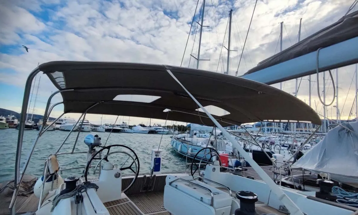 Cockpit of Alf, a Jeanneau Sun Odyssey 519 sailboat at Municipal Unit of Lefkada, Greece