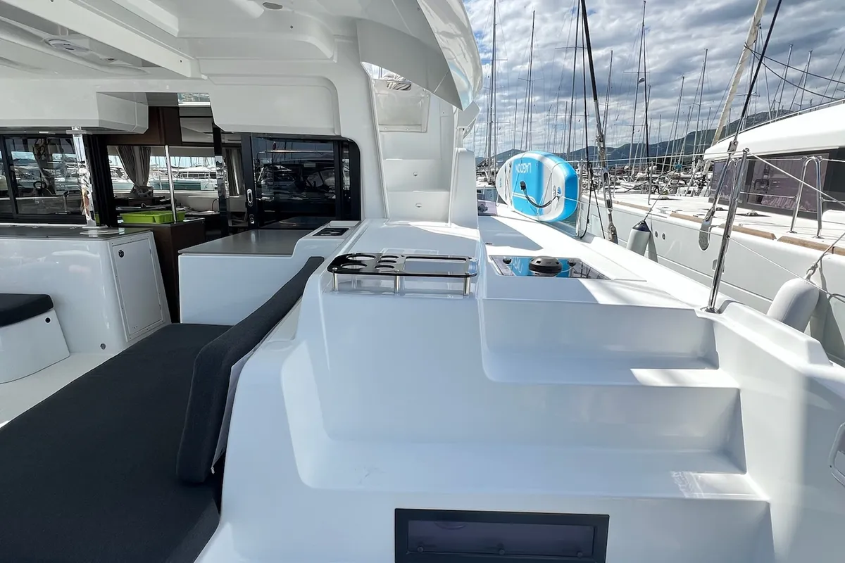 Deck of La Condesa, a Lagoon 46 catamaran at Grad Kaštela, Croatia