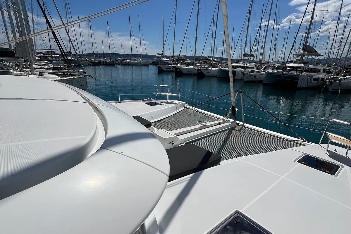 Deck of La Condesa, a Lagoon 46 catamaran at Grad Kaštela, Croatia