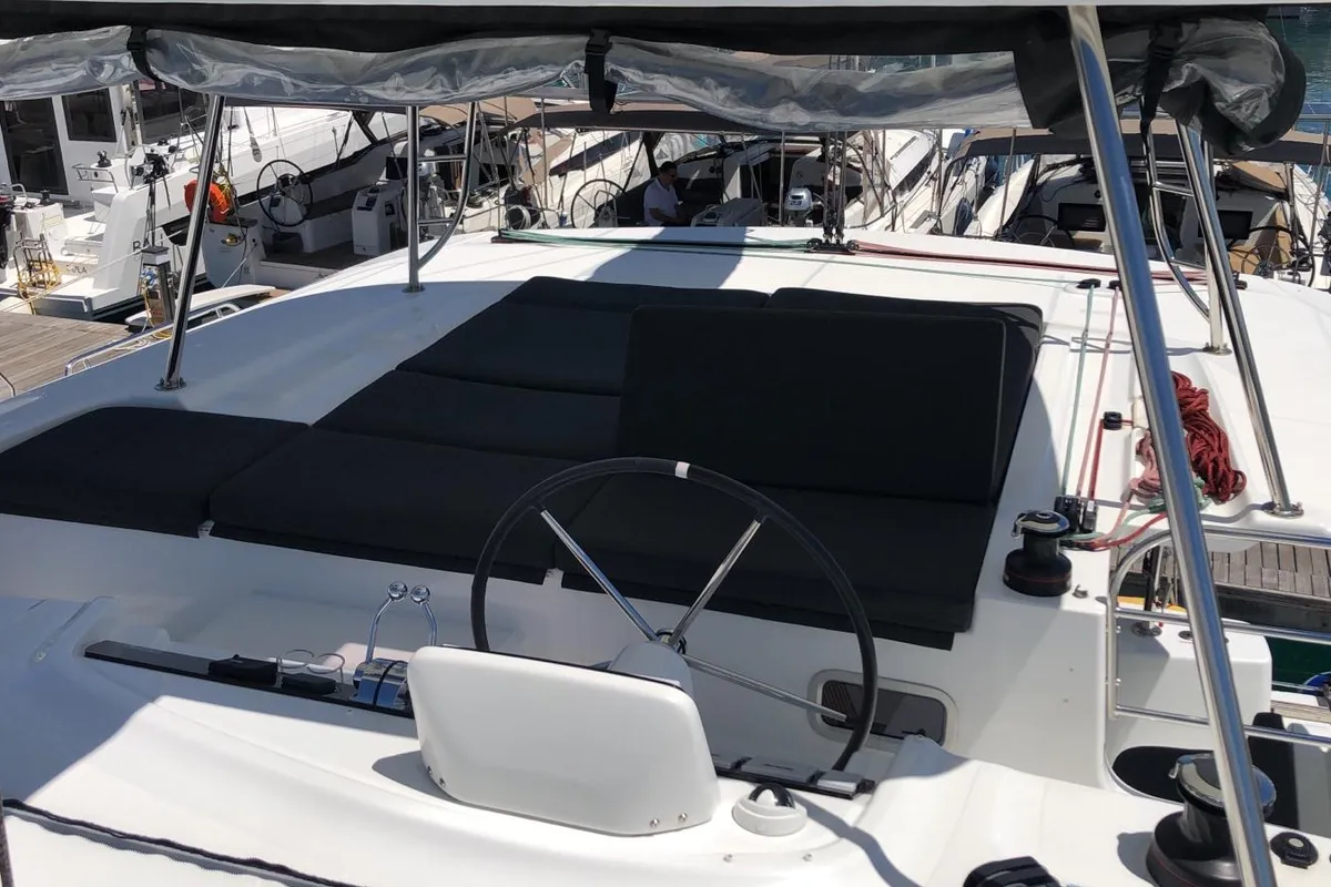 Cockpit of La Condesa, a Lagoon 46 catamaran at Grad Kaštela, Croatia