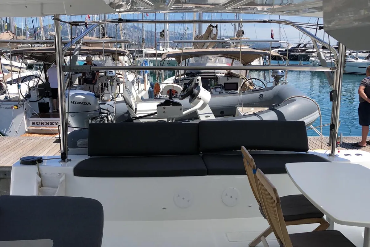 Deck of La Condesa, a Lagoon 46 catamaran at Grad Kaštela, Croatia