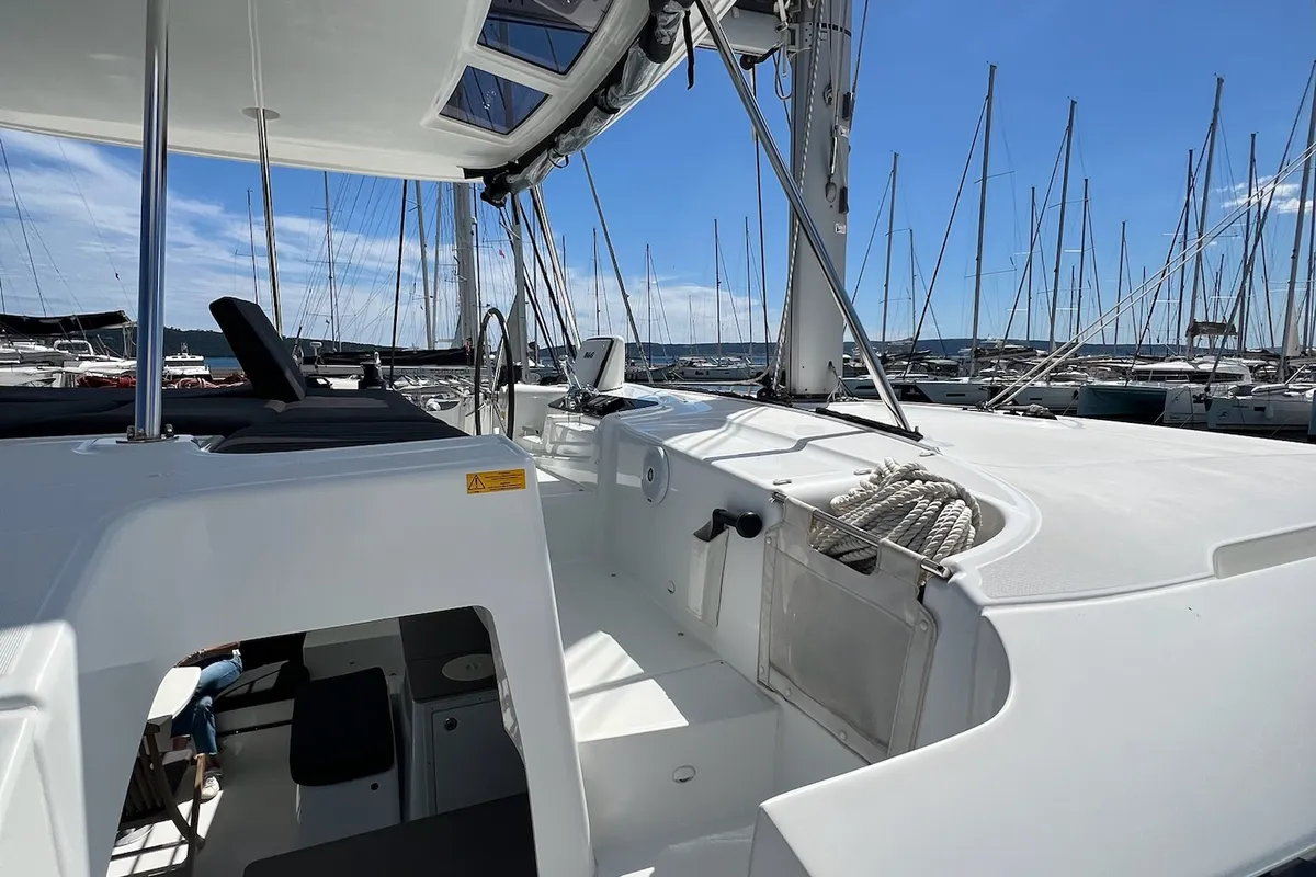 Deck of La Condesa, a Lagoon 46 catamaran at Grad Kaštela, Croatia