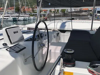 Cockpit of La Condesa, a Lagoon 46 catamaran at Grad Kaštela, Croatia