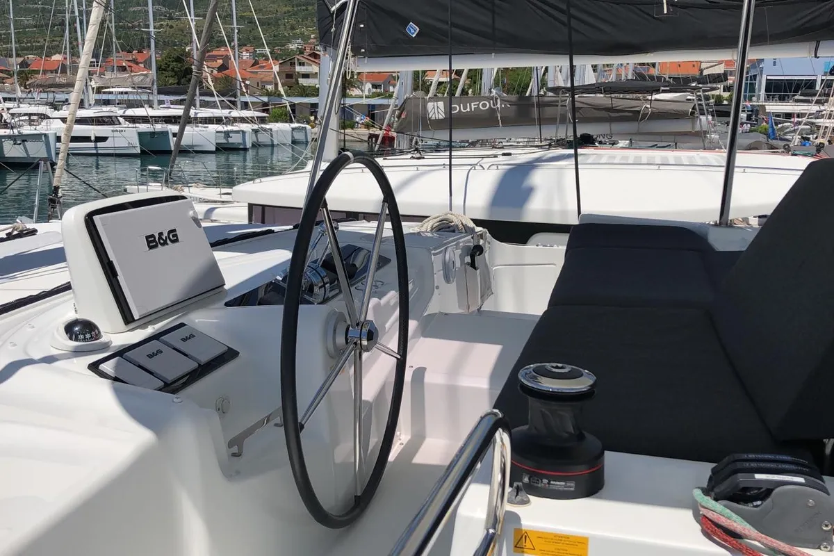 Cockpit of La Condesa, a Lagoon 46 catamaran at Grad Kaštela, Croatia