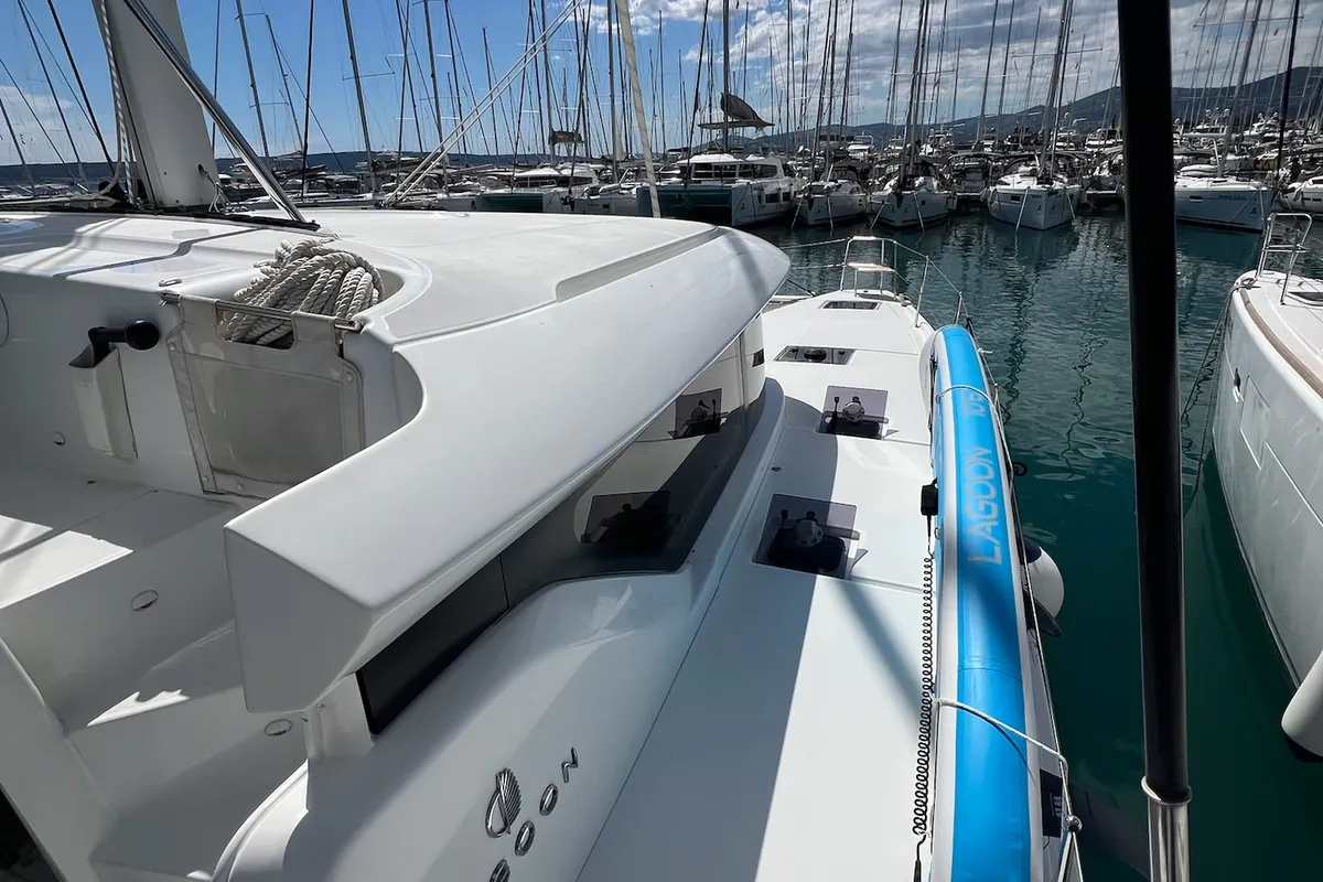 Deck of La Condesa, a Lagoon 46 catamaran at Grad Kaštela, Croatia