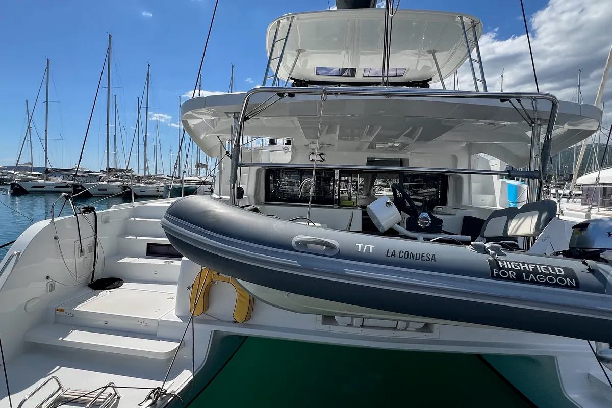 Exterior view of La Condesa, a Lagoon 46 catamaran at Grad Kaštela, Croatia