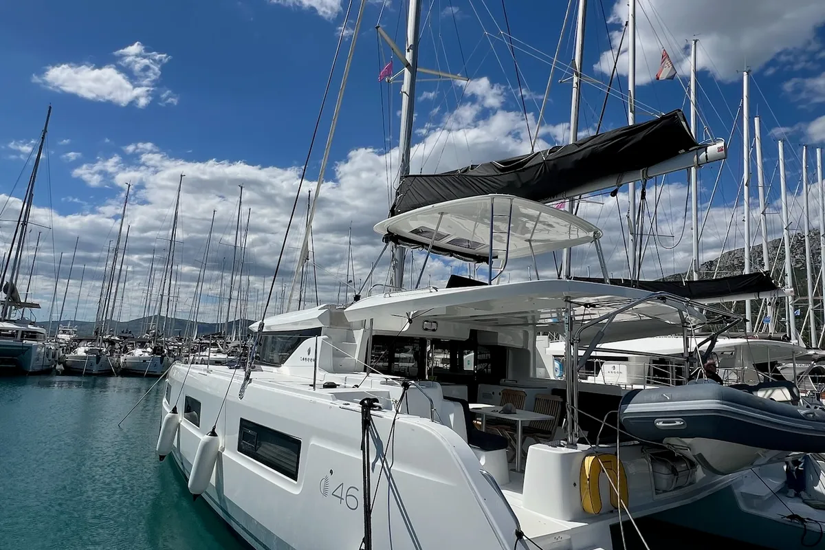 Exterior view of La Condesa, a Lagoon 46 catamaran at Grad Kaštela, Croatia