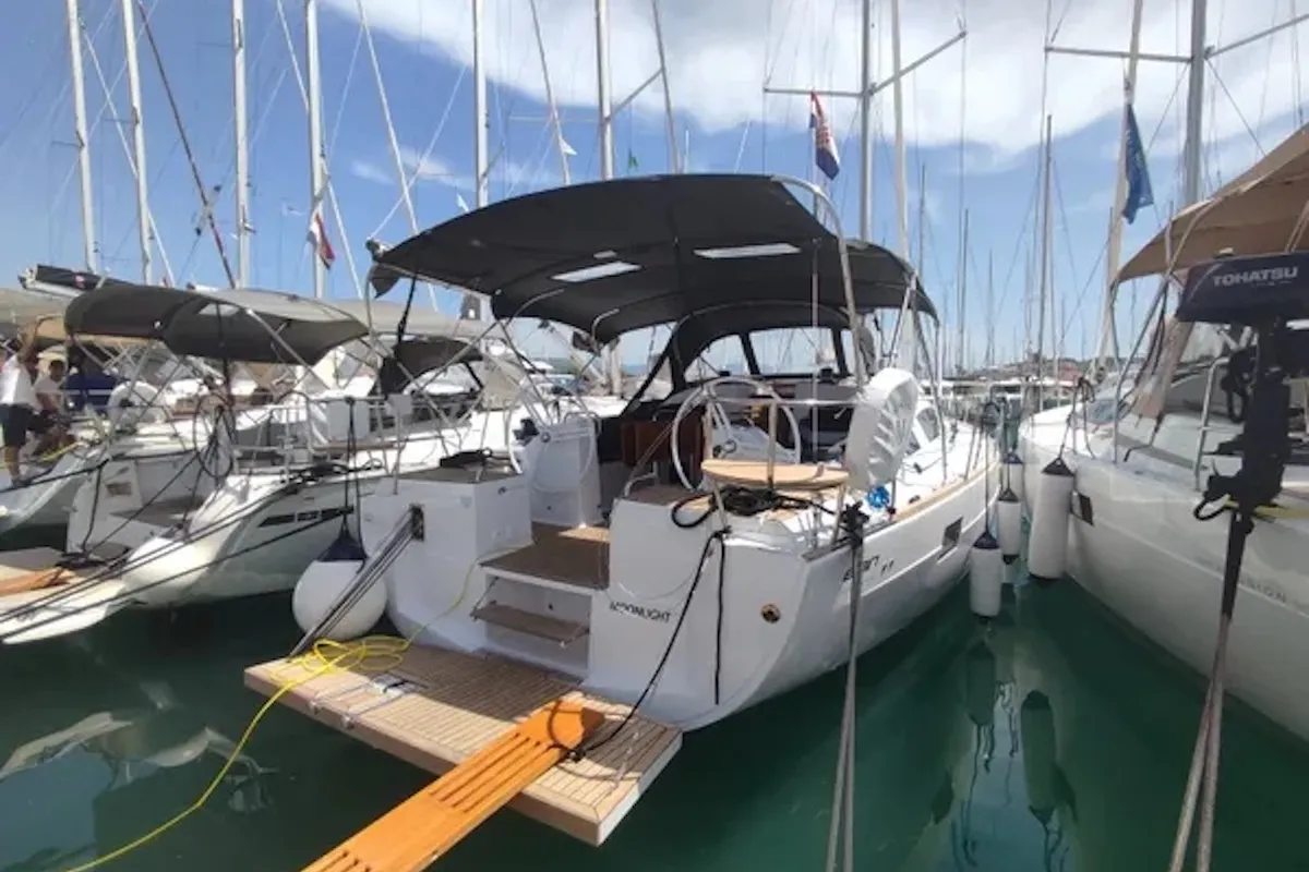 Exterior view of Moonlight, a Elan Impression 45.1 sailboat at Trogir, Croatia