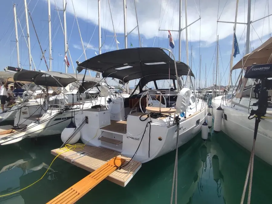 Exterior view of Moonlight, a Elan Impression 45.1 sailboat at Trogir, Croatia