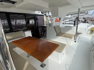 Deck of Red Rose, a Fountaine Pajot Saona 47 Quintet catamaran at Agios Stefanos, Greece