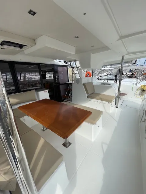 Deck of Red Rose, a Fountaine Pajot Saona 47 Quintet catamaran at Agios Stefanos, Greece