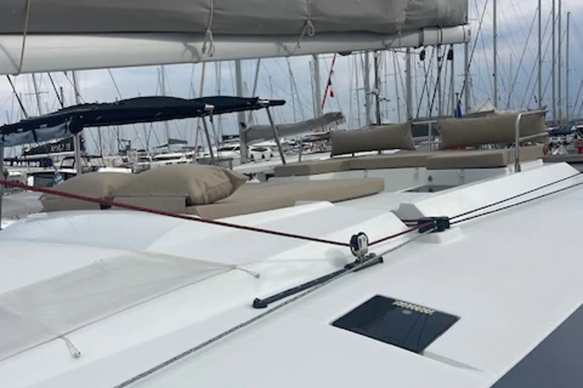 Deck of Red Rose, a Fountaine Pajot Saona 47 Quintet catamaran at Agios Stefanos, Greece