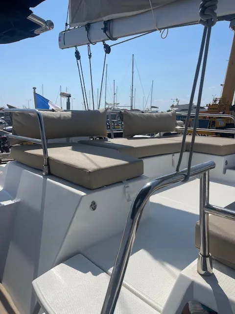 Deck of Red Rose, a Fountaine Pajot Saona 47 Quintet catamaran at Agios Stefanos, Greece