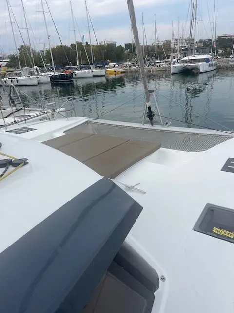 Deck of Red Rose, a Fountaine Pajot Saona 47 Quintet catamaran at Agios Stefanos, Greece