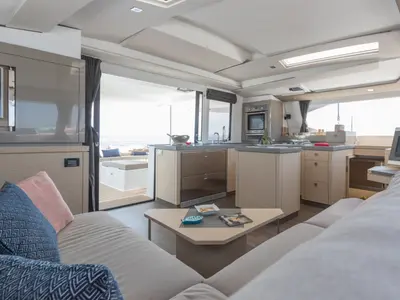 Galley of Red Rose, a Fountaine Pajot Saona 47 Quintet catamaran at Agios Stefanos, Greece