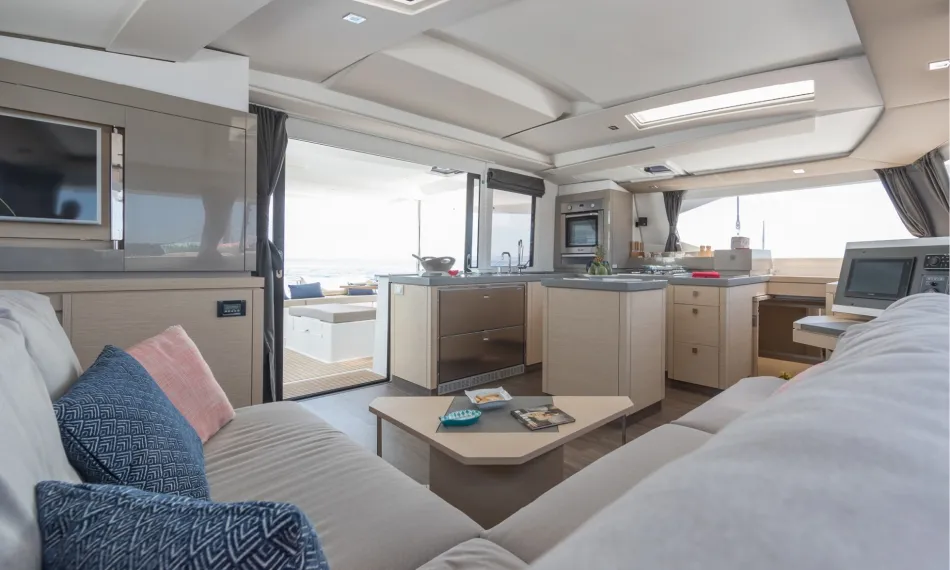 Galley of Red Rose, a Fountaine Pajot Saona 47 Quintet catamaran at Agios Stefanos, Greece