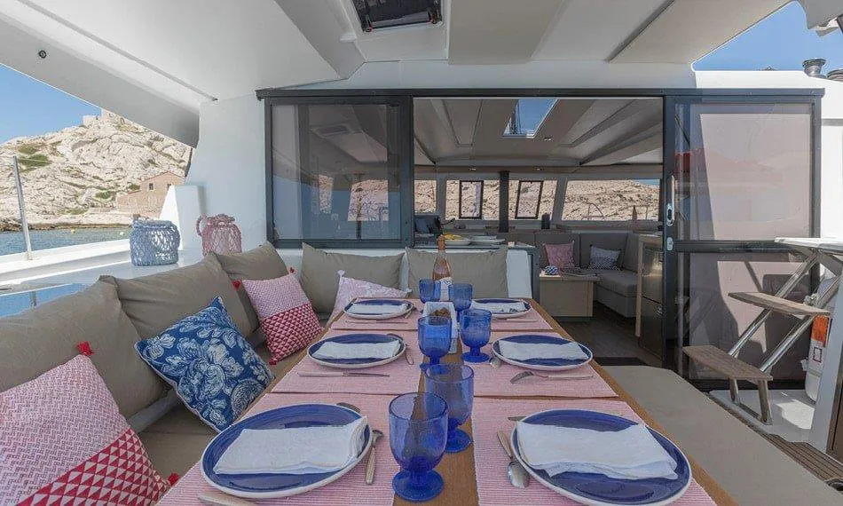 Deck of Pleasant Arbour, a Fountaine Pajot Astrea 42 catamaran at Road Town, British Virgin Islands