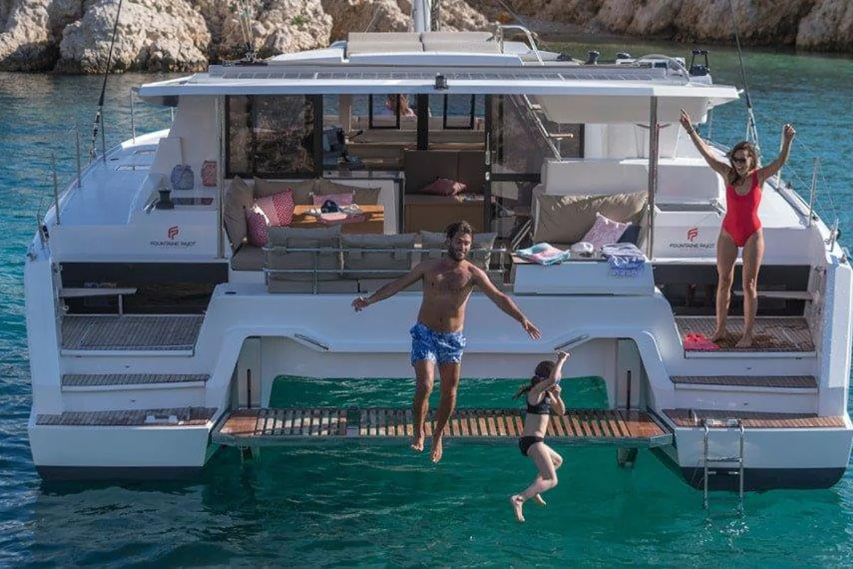 Exterior view of Pleasant Arbour, a Fountaine Pajot Astrea 42 catamaran at Road Town, British Virgin Islands