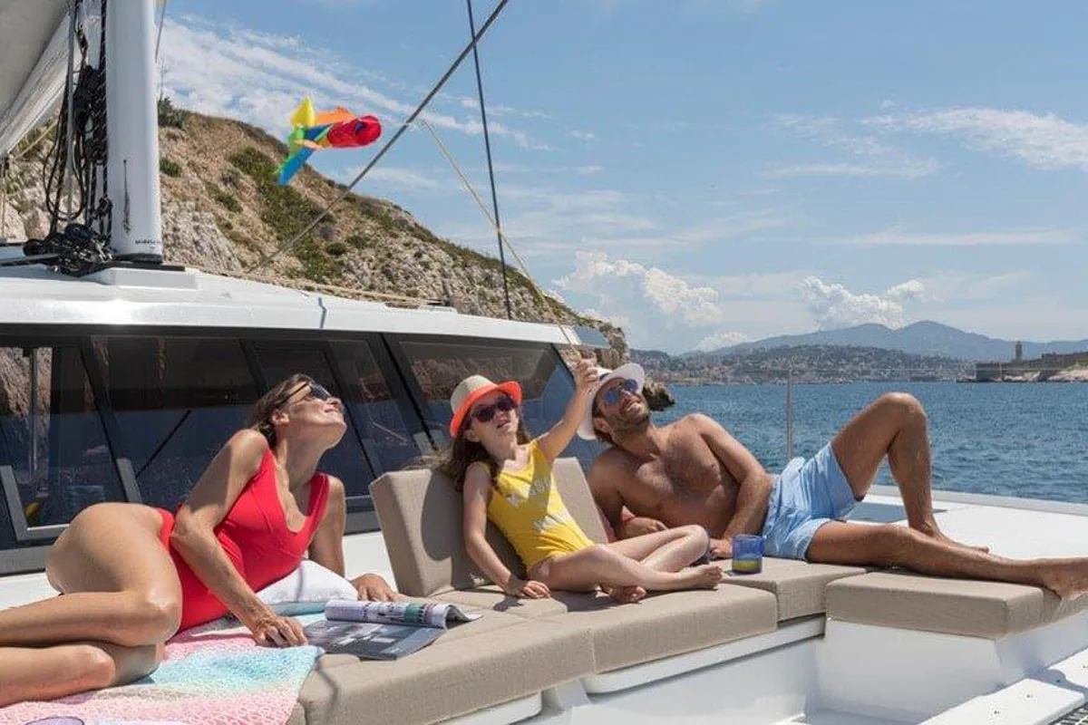 Deck of Pleasant Arbour, a Fountaine Pajot Astrea 42 catamaran at Road Town, British Virgin Islands