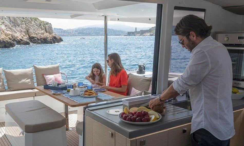 Galley of Pleasant Arbour, a Fountaine Pajot Astrea 42 catamaran at Road Town, British Virgin Islands