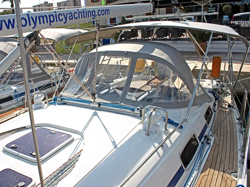Deck of Aristoteles, a Bavaria 38 Cruiser sailboat at Lavreotiki Municipal Unit, Greece