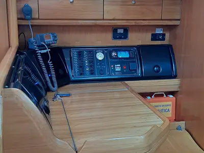 Cockpit of Pošip, a Bavaria 42 Cruiser sailboat at Grad Trogir, Croatia