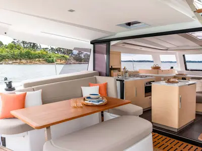 Deck of Agios Ephraim, a Fountaine Pajot FP 41 catamaran at Lavreotiki Municipal Unit, Greece