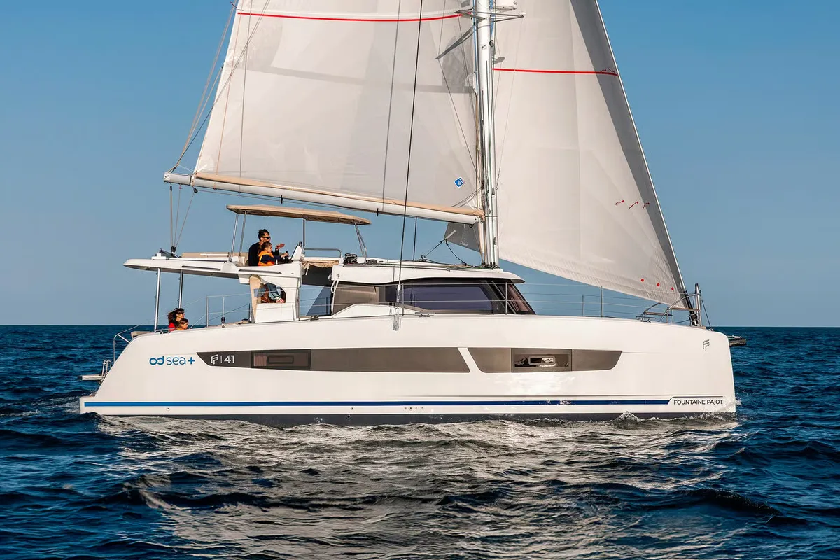 Exterior view of Agios Ephraim, a Fountaine Pajot FP 41 catamaran at Lavreotiki Municipal Unit, Greece