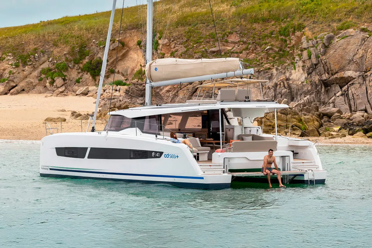 Exterior view of Agios Ephraim, a Fountaine Pajot FP 41 catamaran at Lavreotiki Municipal Unit, Greece