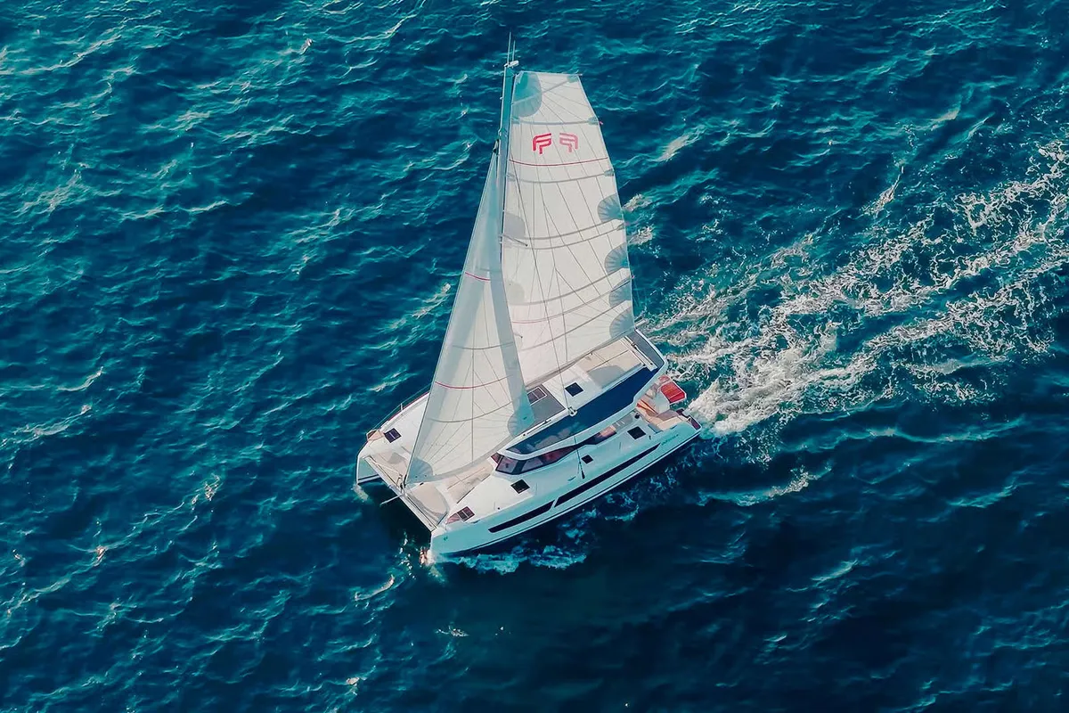 Exterior view of Agios Ephraim, a Fountaine Pajot FP 41 catamaran at Lavreotiki Municipal Unit, Greece