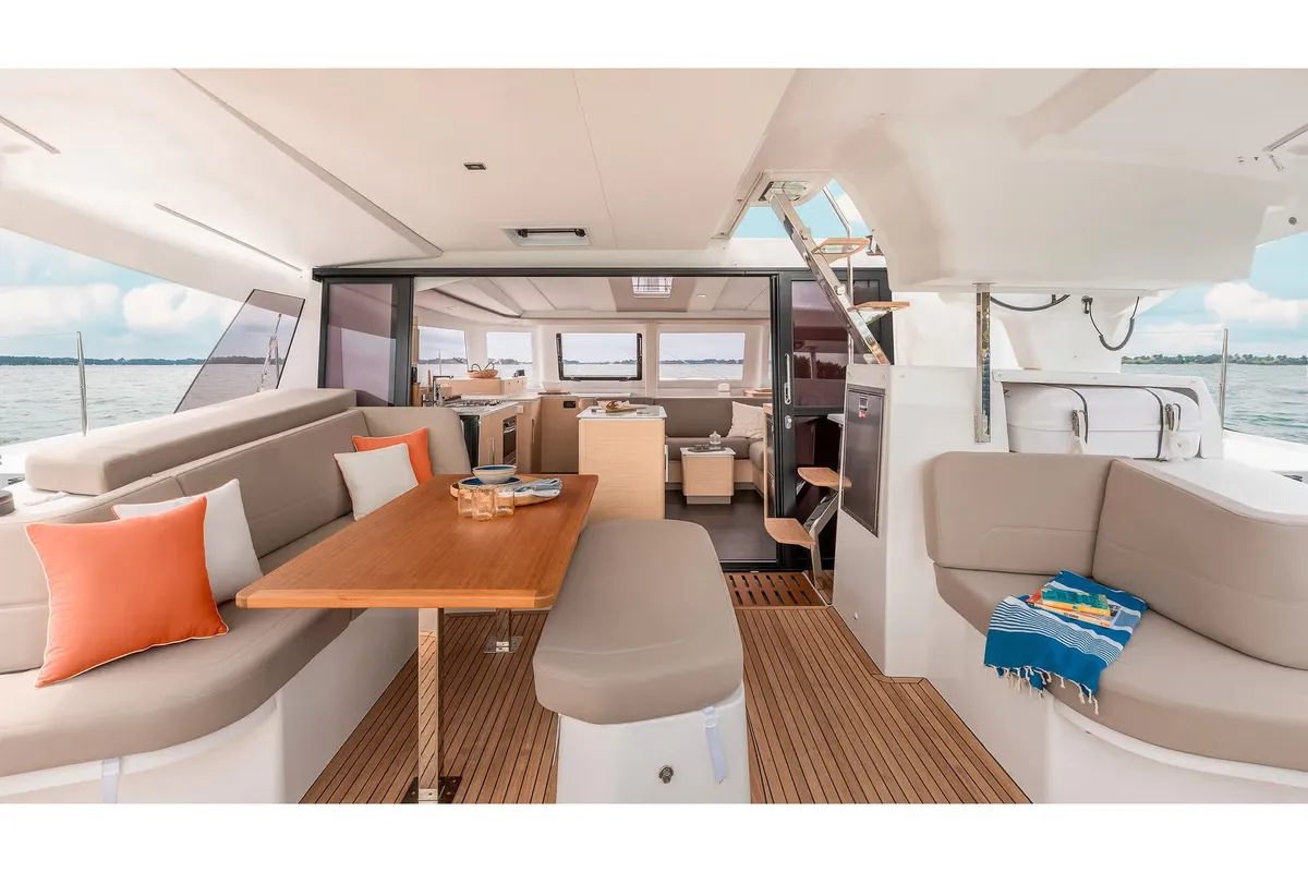 Deck of Agios Ephraim, a Fountaine Pajot FP 41 catamaran at Lavreotiki Municipal Unit, Greece