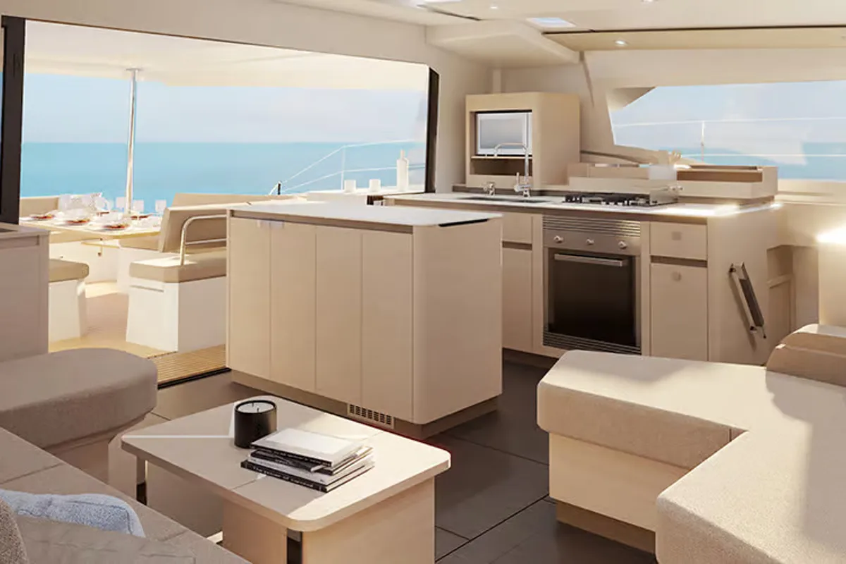 Salon of Agios Ephraim, a Fountaine Pajot FP 41 catamaran at Lavreotiki Municipal Unit, Greece