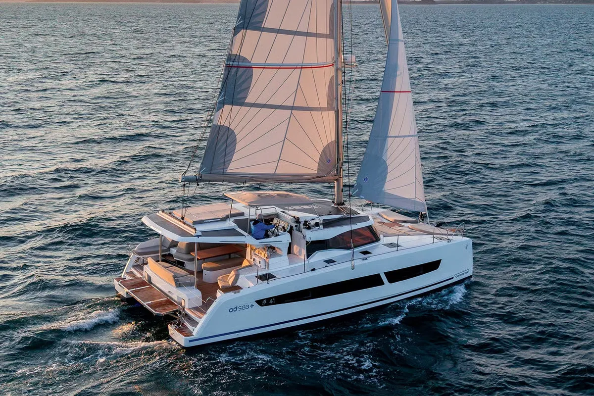 Exterior view of Agios Ephraim, a Fountaine Pajot FP 41 catamaran at Lavreotiki Municipal Unit, Greece