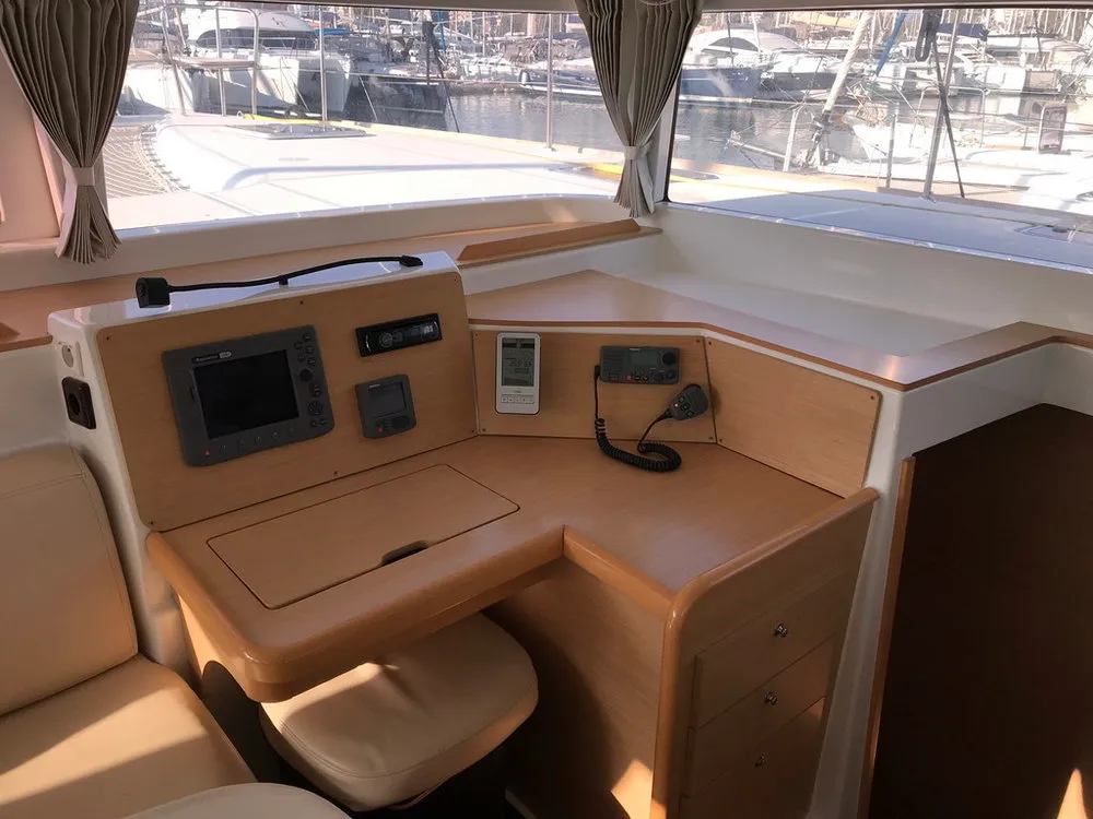 Cockpit of Aurora, a Lagoon 400 catamaran at Athens, Greece