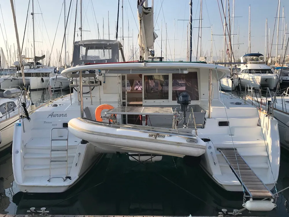 Exterior view of Aurora, a Lagoon 400 catamaran at Athens, Greece