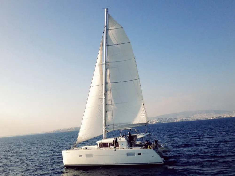 Exterior view of Aurora, a Lagoon 400 catamaran at Athens, Greece